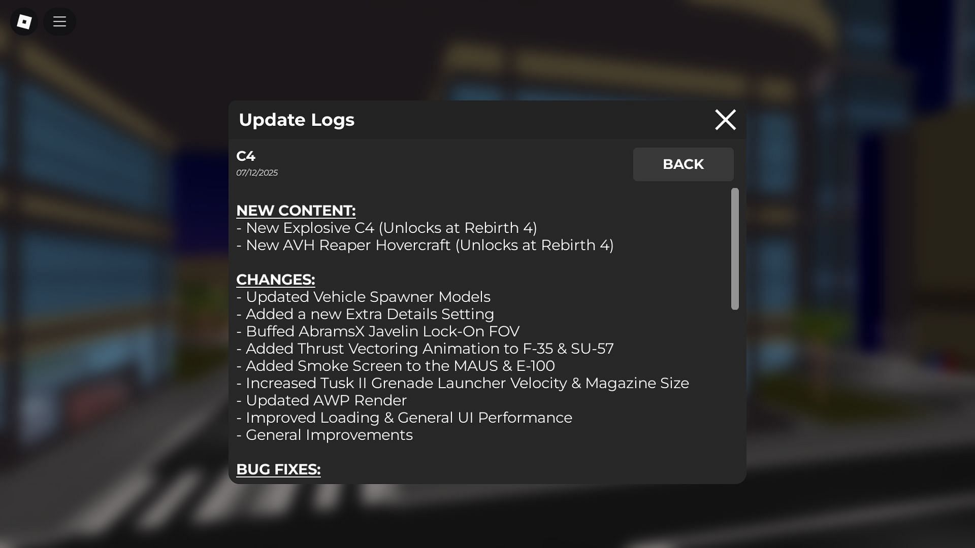 The in-game update log (Image via Roblox)